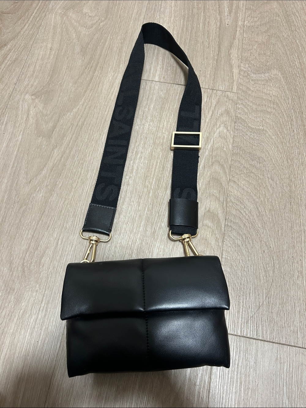 All Saints Black Padded Crossbody Bag with Logo Strap
